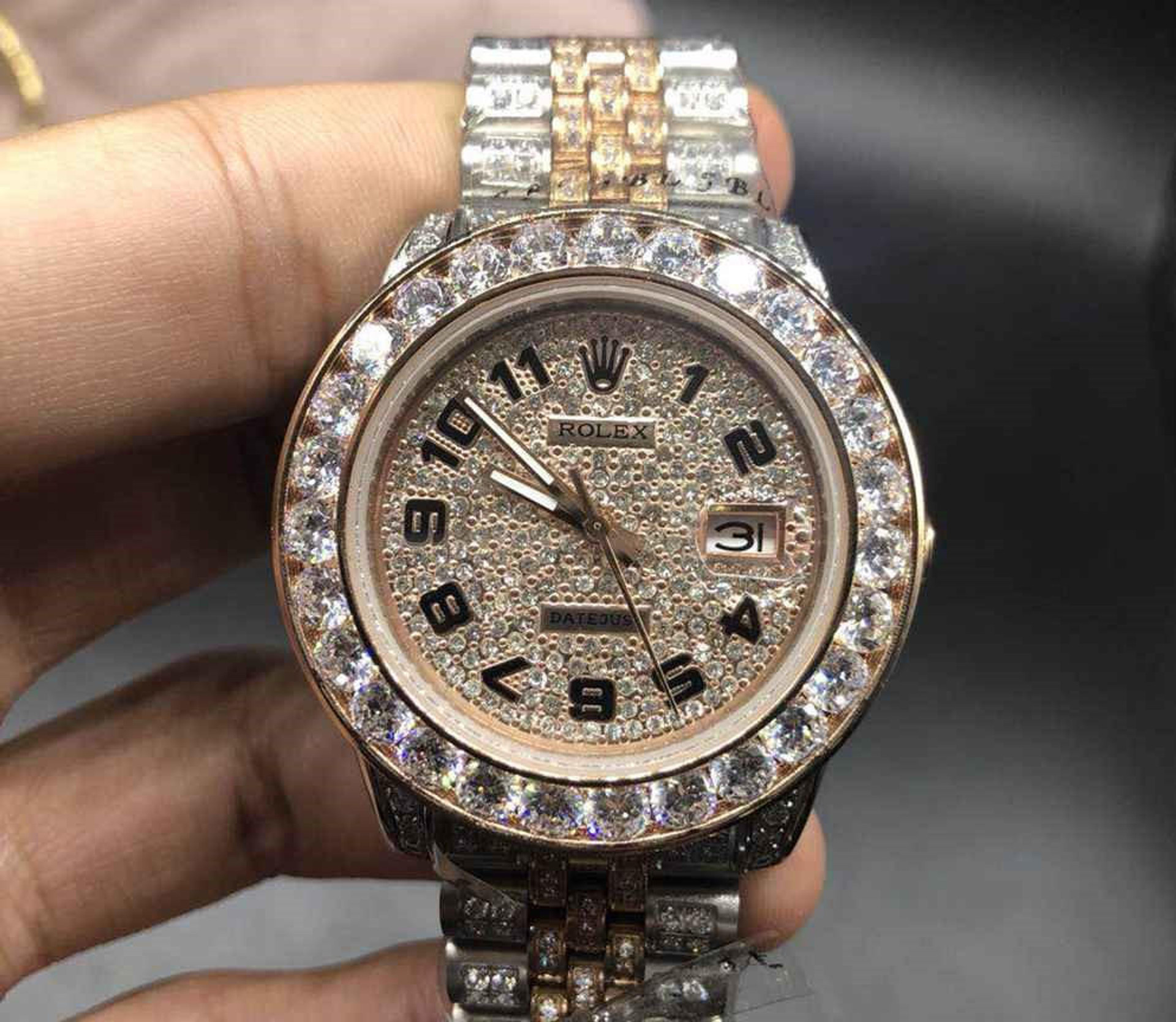 buy High quality replica Fully Iced out Rolex Datejust iced rose gold ...