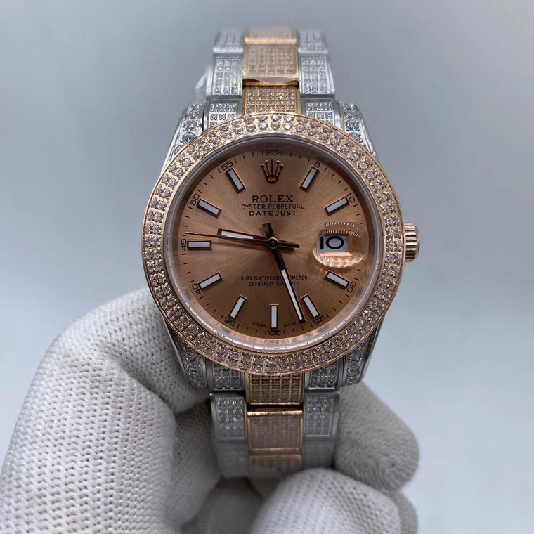 Buy High quality replica iced out moissanite diamonds Rolex date just wrist watch from the best trusted, fake clone swiss designer brand watch website