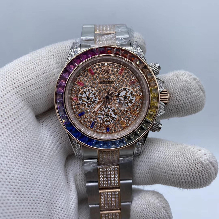 Buy High quality replica iced out moissanite diamonds Rolex Daytona rainbow bezel watch from the best trusted, fake clone swiss designer brand watch website