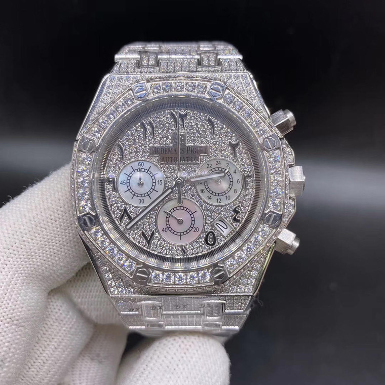 Buy Iced out replica moisonnite diamonds  AP royal oak chronograph watch with arabic dial from the best trusted, fake clone swiss designer brand watch website