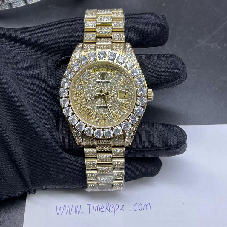 Buy Iced out replica moissanite diamond clone Rolex day date watch from the best trusted, fake clone swiss designer brand watch website