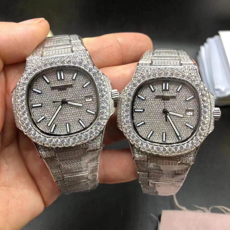 Buy High quality replica Iced out big diamond bezel moisonnite replica Patek Philippe nautilus watch (Pick style/color) from the best trusted, fake clone swiss designer brand watch website