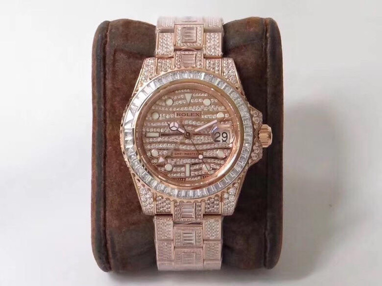 Buy Iced out replica moissanite baguette diamond rolex GMT watch Pick color from the best trusted, fake clone swiss designer brand watch website