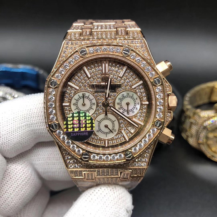 Buy Iced out replica moisonnite diamonds AP royal oak chronograph watch pick color from the best trusted, fake clone swiss designer brand watch website