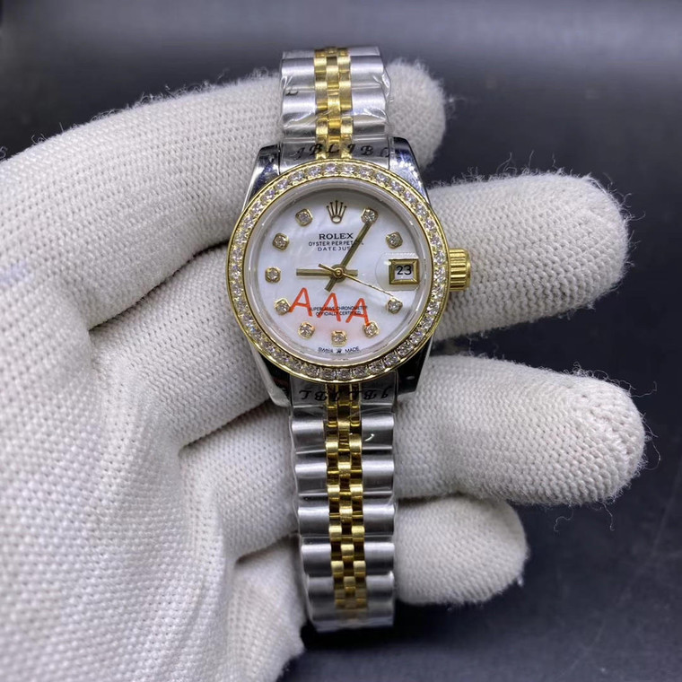 Buy High quality replica Iced bezel moissanite Rolex Datejust 26mm two tone gold case white pearl dial jubilee band from the best trusted, fake clone swiss designer brand watch website