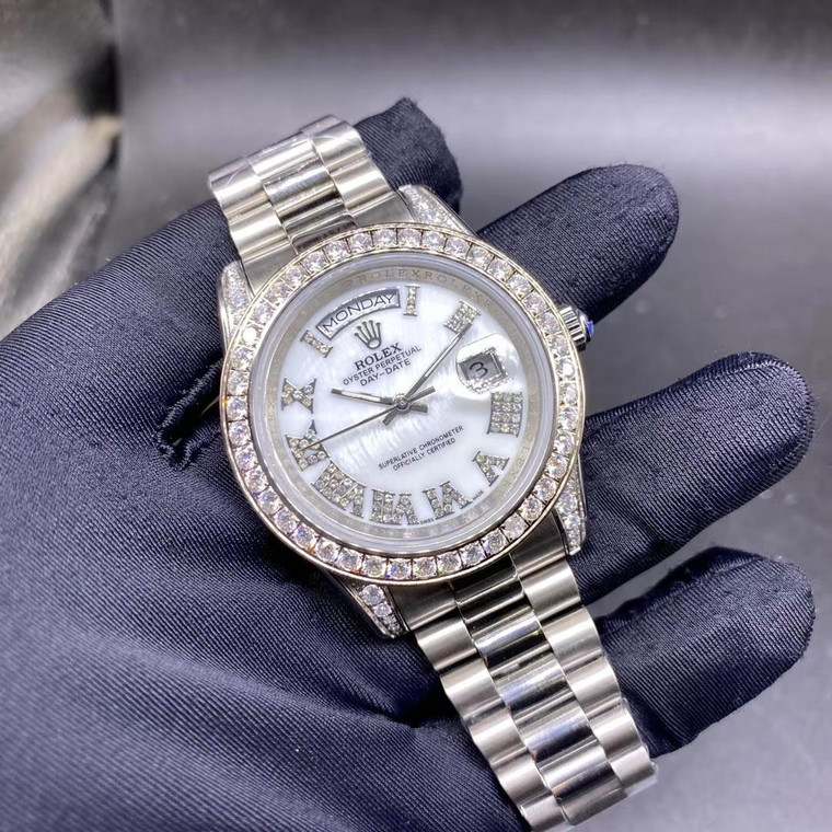 Buy High quality replica Iced out Bezel Rolex Datejust silver case white pearl dial Roman numbers 40mm from the best trusted, fake clone swiss designer brand watch website