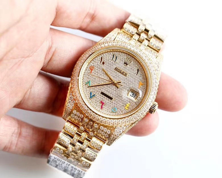 Buy High quality replica Iced out Moissanite Diamonds Rolex Datejust Jubilee bracelet Gold colorful rainbow Arabic number glass back 40mm from the best trusted, fake clone swiss designer brand watch website