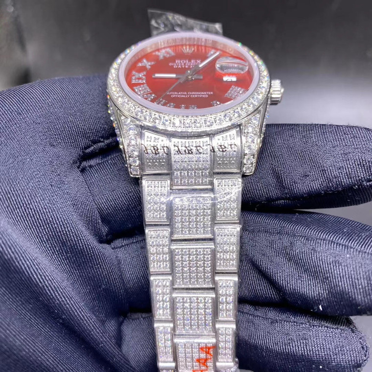 Buy High quality replica Iced out moissanite Diamonds Rolex Datejust silver case with red face oyster bracelet 36mm from the best trusted, fake clone swiss designer brand watch website