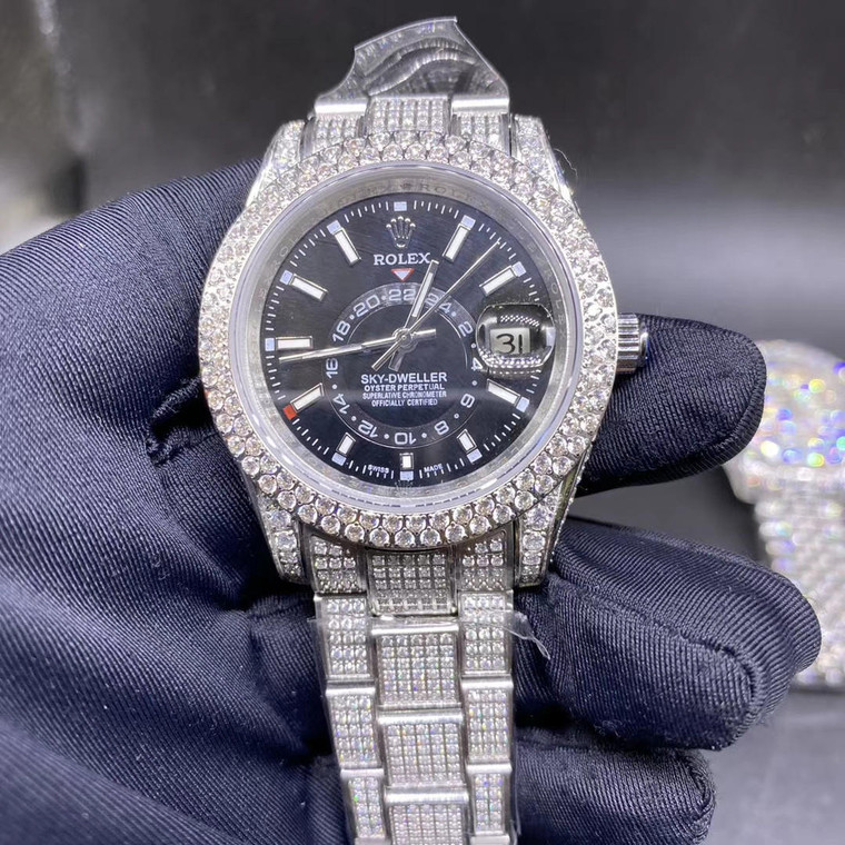 Buy High quality replica Iced out Moissanite Diamonds Rolex Sky-dweller silver case with Colored face Oyster band 40mm Pick Style from the best trusted, fake clone swiss designer brand watch website