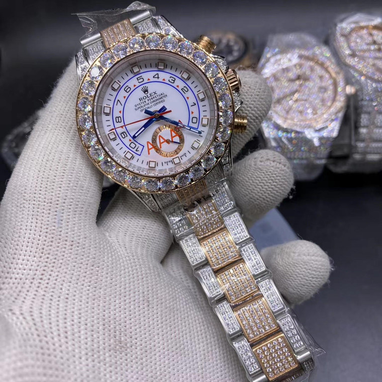 Buy High quality replica iced out moissanite diamonds Rolex Yatchmaster YMII two tone diamonds 40mm from the best trusted, fake clone swiss designer brand watch website