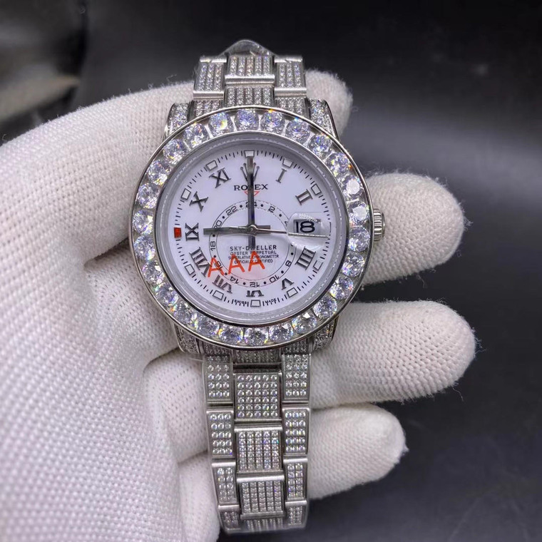 Buy High quality replica Iced out moissanite diamonds Rolex Sky-dweller, White dial, 40mm from the best trusted, fake clone swiss designer brand watch website