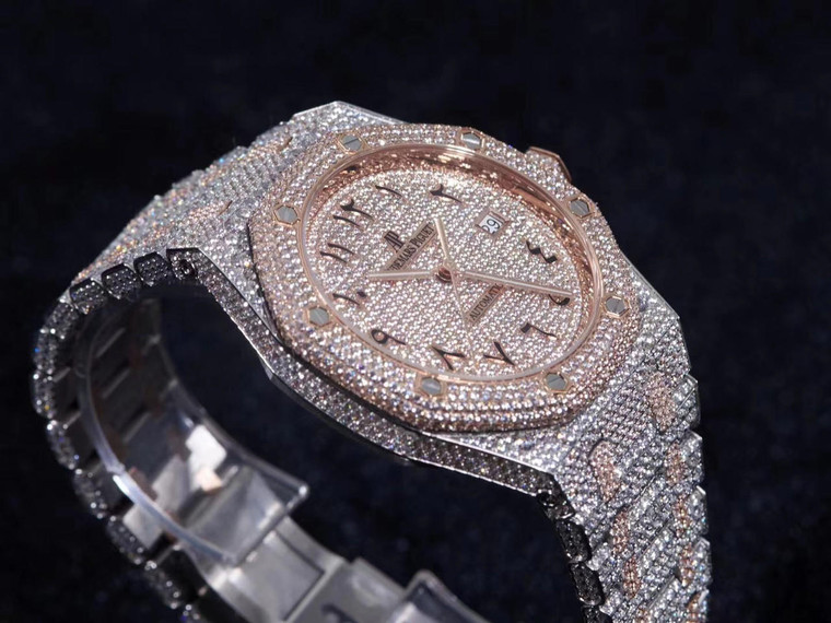 Buy Iced out moissanite diamonds replica AP watch Select color way WITH DIAMONDS ON THE SIDE OF BANDS from the best trusted, fake clone swiss designer brand watch website