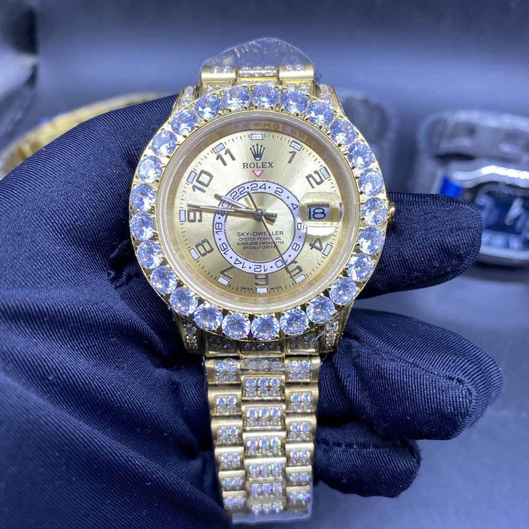Buy High quality replica Iced out Moissanite Rolex Sky-Dweller diamonds gold case president band from the best trusted, fake clone swiss designer brand watch website