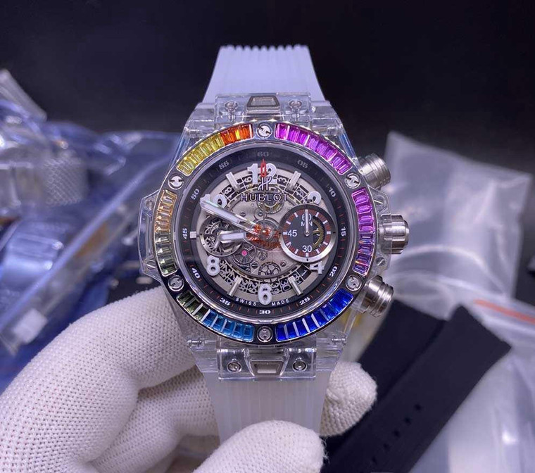 Buy High quality replica Iced out Moissanite Hublot Big Bang rainbow baguette diamonds bezel 42mm from the best trusted, fake clone swiss designer brand watch website