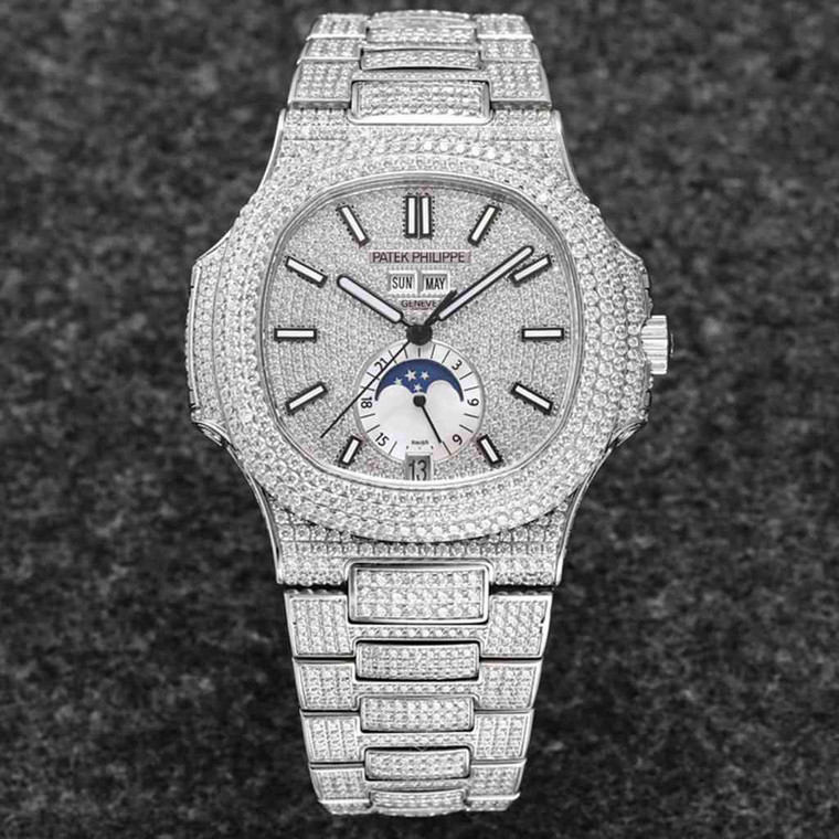 Buy High quality replica Iced out Moissanite Patek bust down silver case from the best trusted, fake clone swiss designer brand watch website