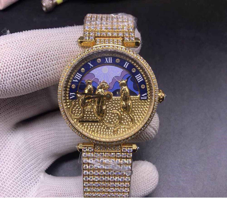 Buy High quality replica iced out moissanite diamonds Cartier Santos gold case 36mm women size bling diamonds from the best trusted, fake clone swiss designer brand watch website