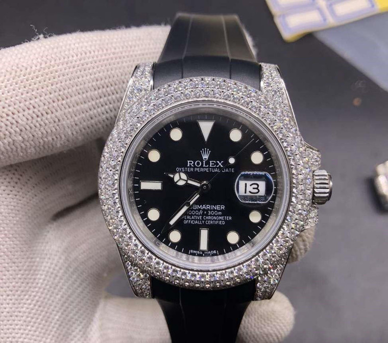 Buy High quality replica iced out moissanite diamonds Rolex Submariner, Rubber Strap from the best trusted, fake clone swiss designer brand watch website