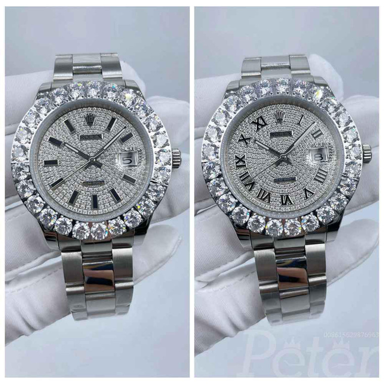 Buy High quality replica Iced Out Moissanite Rolex Datejust 43mm with Iced roman numbers dial from the best trusted, fake clone swiss designer brand watch website