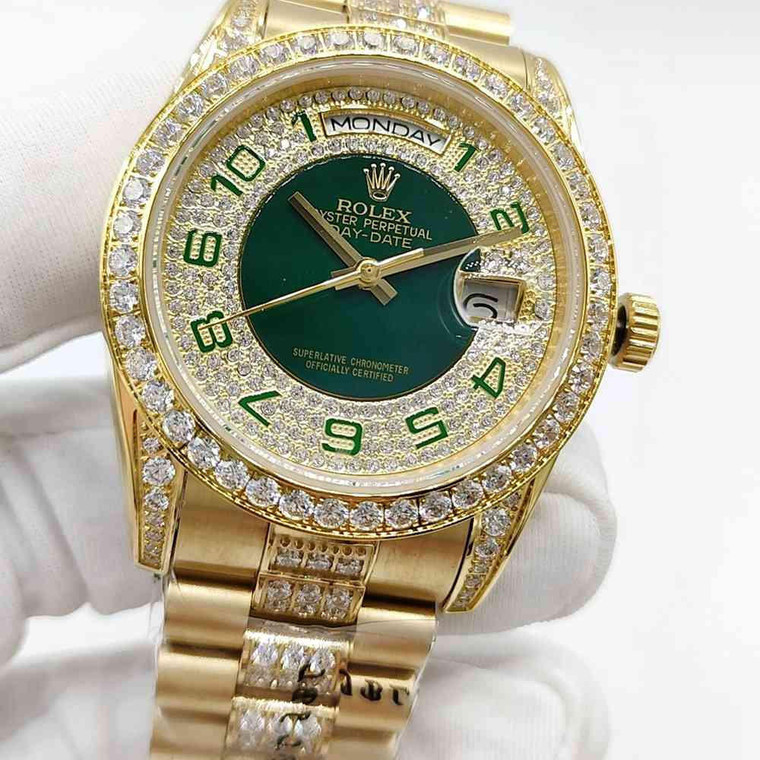 Buy High quality replica Iced Out Moissanite Rolex DayDate 36mm Circle dial face from the best trusted, fake clone swiss designer brand watch website