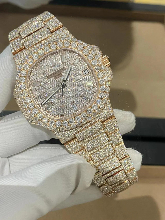 Buy High quality replica Fully Iced out Moissanite Patek Philippe Rose Gold Watch from the best trusted, fake clone swiss designer brand watch website