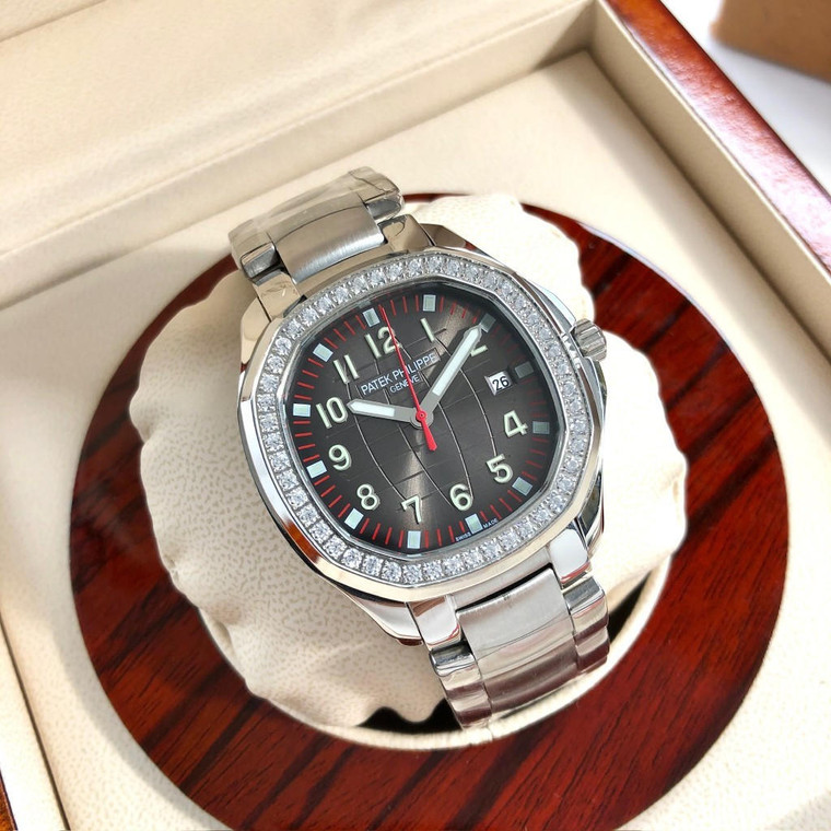 Buy Super clone replica iced out Patek Philippe AQUANAUT series moissanite vvs diamond Geneve silver, black dial watch from the best trusted, fake clone swiss designer brand watch website