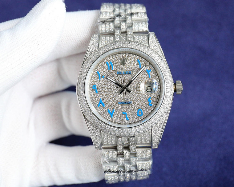 Buy High quality replica iced out Rolex Datejust moissanite vvs diamond silver with blue arabic dial watch from the best trusted, fake clone swiss designer brand watch website