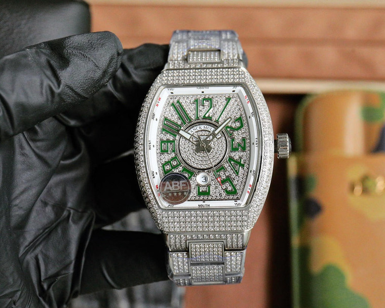 Buy High quality replica iced out Franck Muller FM Vanguard Yachting V45 moissanite vvs diamond green dial watch from the best trusted, fake clone swiss designer brand watch website