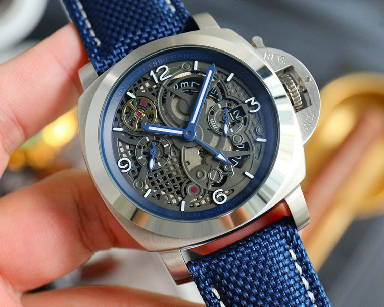 Buy High quality replica plain jane PANERAI skeleton blue strap watch from the best trusted, fake clone swiss designer brand watch website