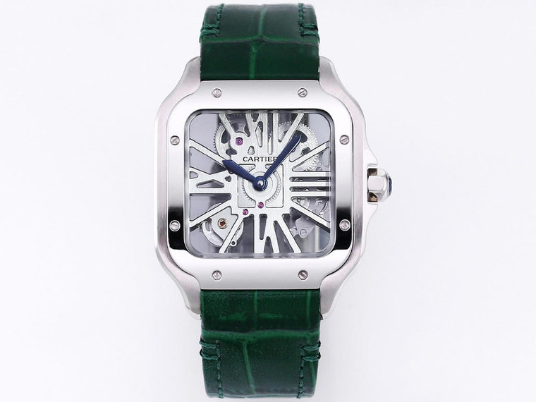Buy High quality replica plain jane Cartier Santos Skeleton Series X43 silver/ green leather strap watch from the best trusted, fake clone swiss designer brand watch website