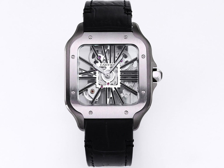 Buy Super clone replica Cartier Santos Skeleton Series X43 black/silver watch from the best trusted, fake clone swiss designer brand watch website