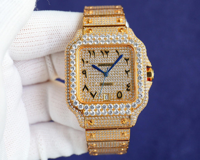 Buy High quality replica iced out Cartier santos Gypsophila moissanite vvs diamond gold arabic dial watch from the best trusted, fake clone swiss designer brand watch website