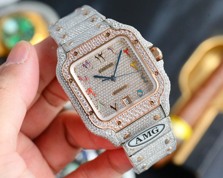 Buy High quality replica iced out Cartier santos moissanite vvs diamond two tone rosegold  watch from the best trusted, fake clone swiss designer brand watch website