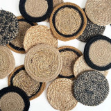 Seagrass / Jute Round Coaster Set 4 Cumin-Black Border/Natural by Linen & More