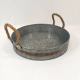 Set of 3 Round Tray Galvanized Rope/Rustic by Vanillaware