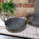 Set of 3 Round Tray Galvanized Rope/Rustic by Vanillaware