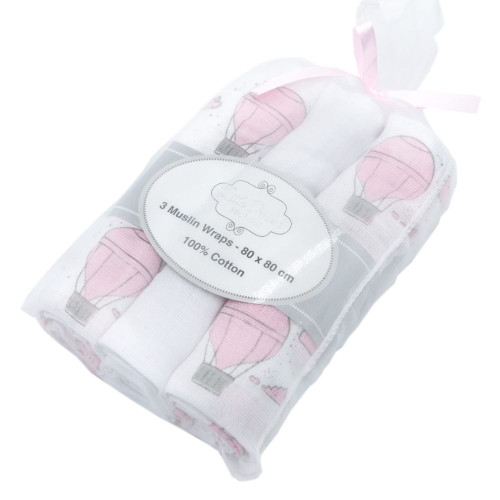Pink Balloon Muslin Wraps (Set of 3) by Little Dreams