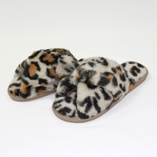 Leopard Crossover Plush Slippers by Honeydew