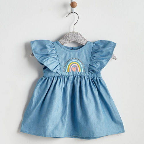 Denim Rainbow Flutter Sleeve Dress (3-6 months) by Stephan Baby