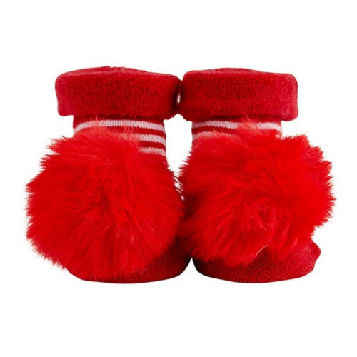 Stripe and Red Fur Pompom Socks by Stephan Baby