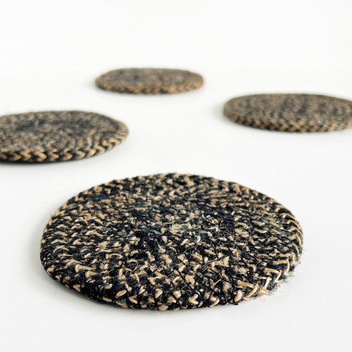 Seagrass / Jute Round Coaster Set of 4 Black/Natural by Linens and More
