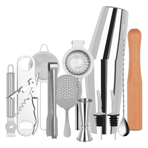 Cocktail Set 14pc Stainless Steel In Bartender Roll by Zanzi