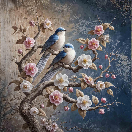 beWhimsy bluebird and blossom rice paper for decoupage, mirrored A0 A1 A2 A3 extra large vintage floral design