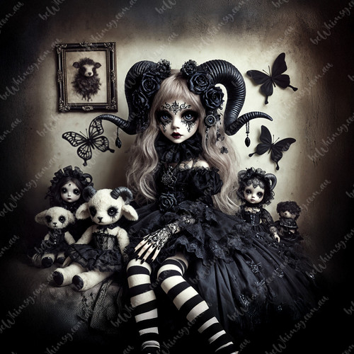 A haunting gothic doll with ram horns, lace gloves, and black roses, surrounded by eerie stuffed animals and butterflies—perfect for gothic decoupage and dark art projects.
