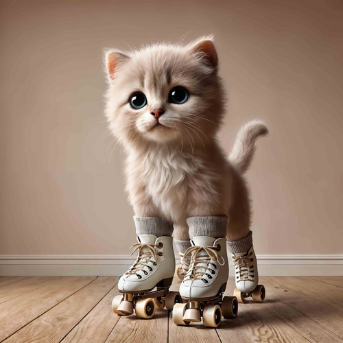 eWhimsy kitten on roller skates rice paper for decoupage, mirrored A0 A1 A2 A3 extra large cute design