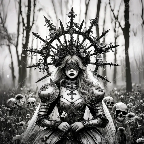 Gothic warrior queen Seraphra in armor and rose-thorn crown, eyes veiled and surrounded by skulls