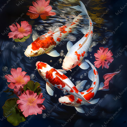 Midnight koi fish swimming among pink lotus flowers on dark blue water, extra-large mirrored decoupage rice paper by beWhimsy, A0 A1 A2 A3 print.
