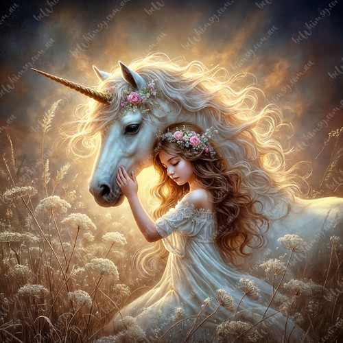 beWhimsy unicorn and girl in golden field portrait rice paper for decoupage, mirrored A0 A1 A2 A3 extra large golden fantasy design