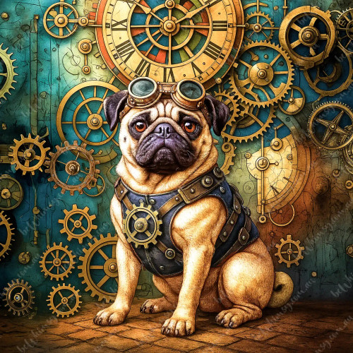 beWhimsy steampunk dog rice paper for decoupage, mirrored A0 A1 A2 A3 extra large gold gears design