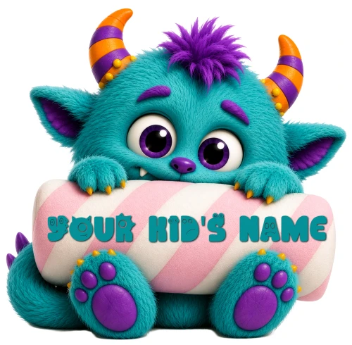 Personalised monster wall stickers showing four custom name examples including Mackenzie, Liam, Sebastian and Olivia on colourful candy signs.