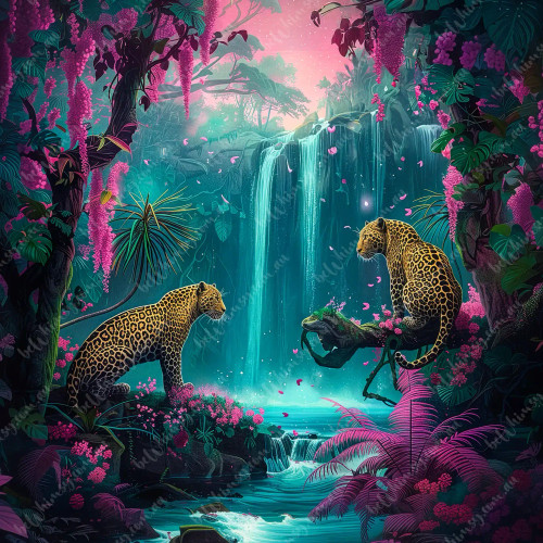 Jungle Afterglow tropical decoupage paper featuring leopards, flamingos, and a glowing waterfall – custom-sized